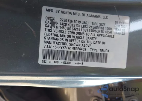 2017 Honda Ridgeline Rtl-T из США, поврежденный, VIN 5FPYK3F61HB026489